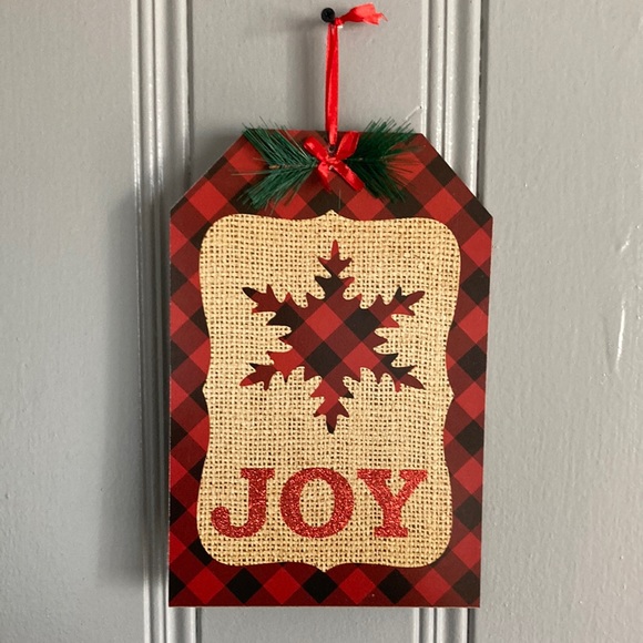 Brand NWT Red & Black Buffalo Check Plaid JOY Holiday Hanging Gift Tag Sign - Picture 1 of 8